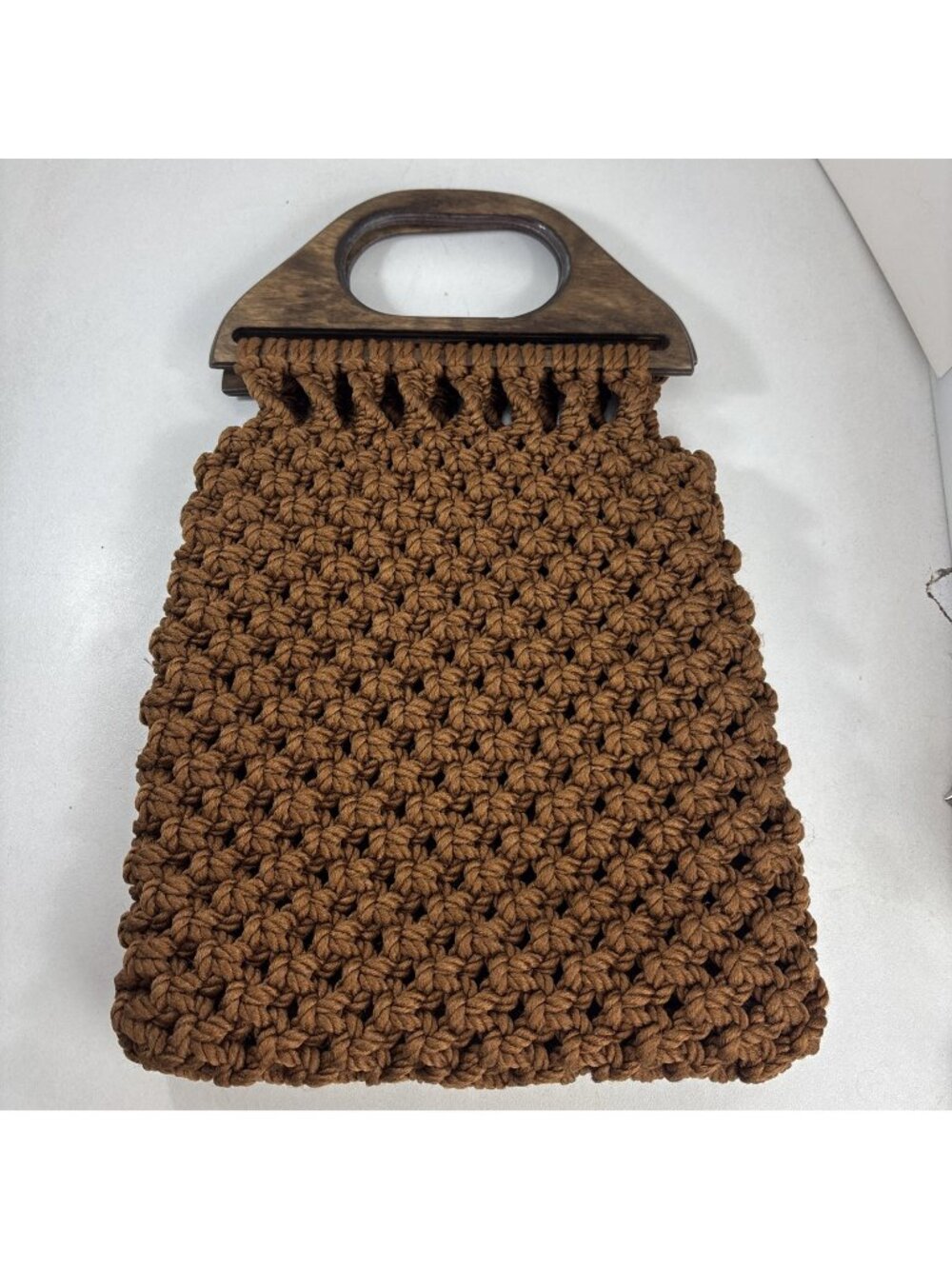Vintage Crochet Handbag Brown Textured Purse Wooden Handles 9.5 X 14 Boho Retro